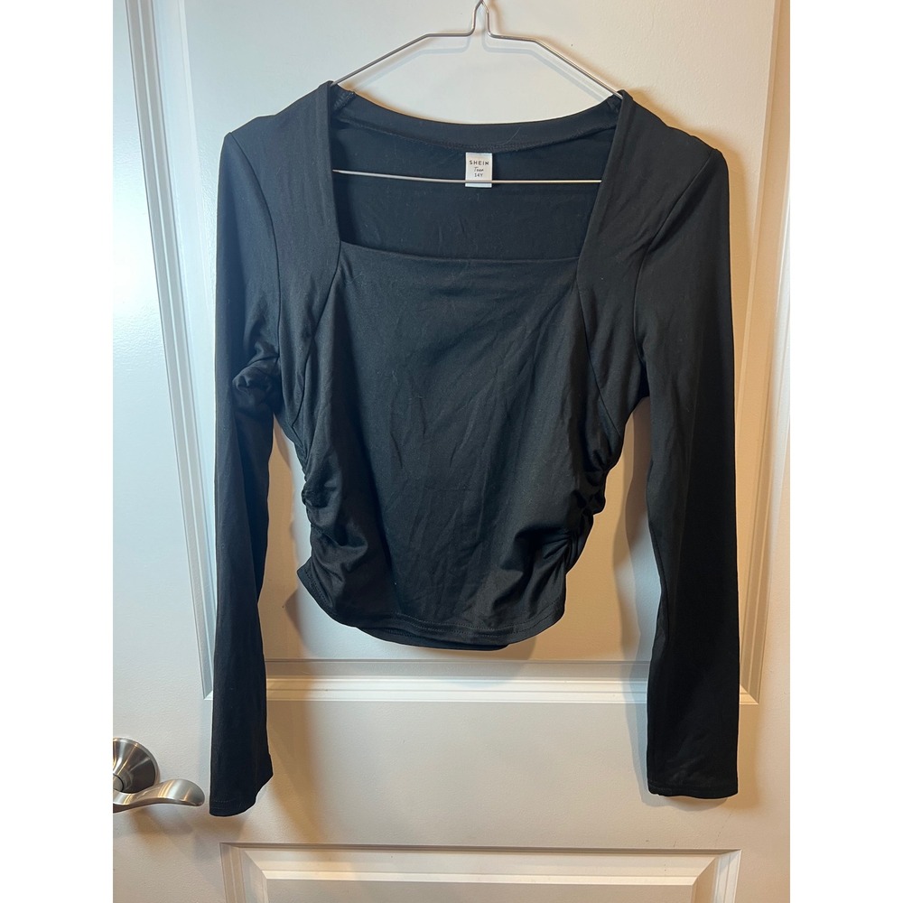 SHEIN Teen Girls Top Ruched Square Neck Black 14Y